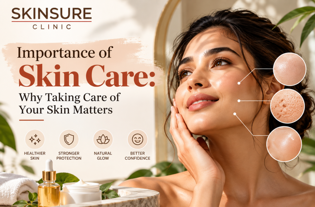Skincare and skin health awareness banner for Skinsureclinic highlighting skin protection, natural glow and the importance of a daily skincare routine.