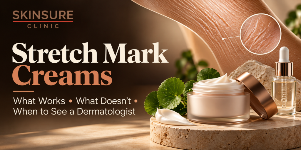 Skinsureclinic blog graphic about stretch mark creams, featuring a skincare cream jar, serum and close-up skin texture.